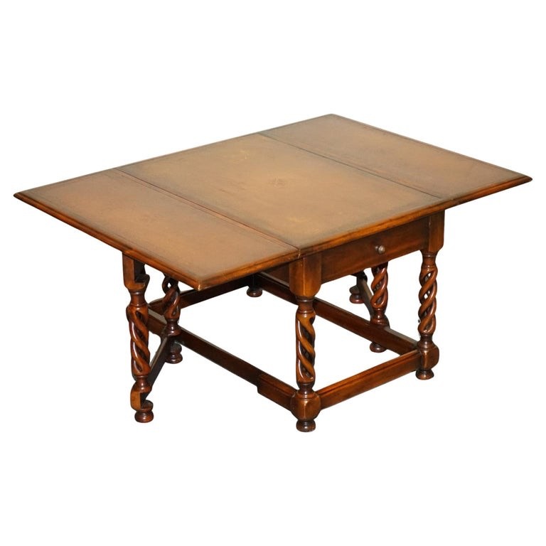 ELEGANT THEODORE ALEXANDER DROP LEAF BARLEY TWIST TABLE WITH LEATHER TOP