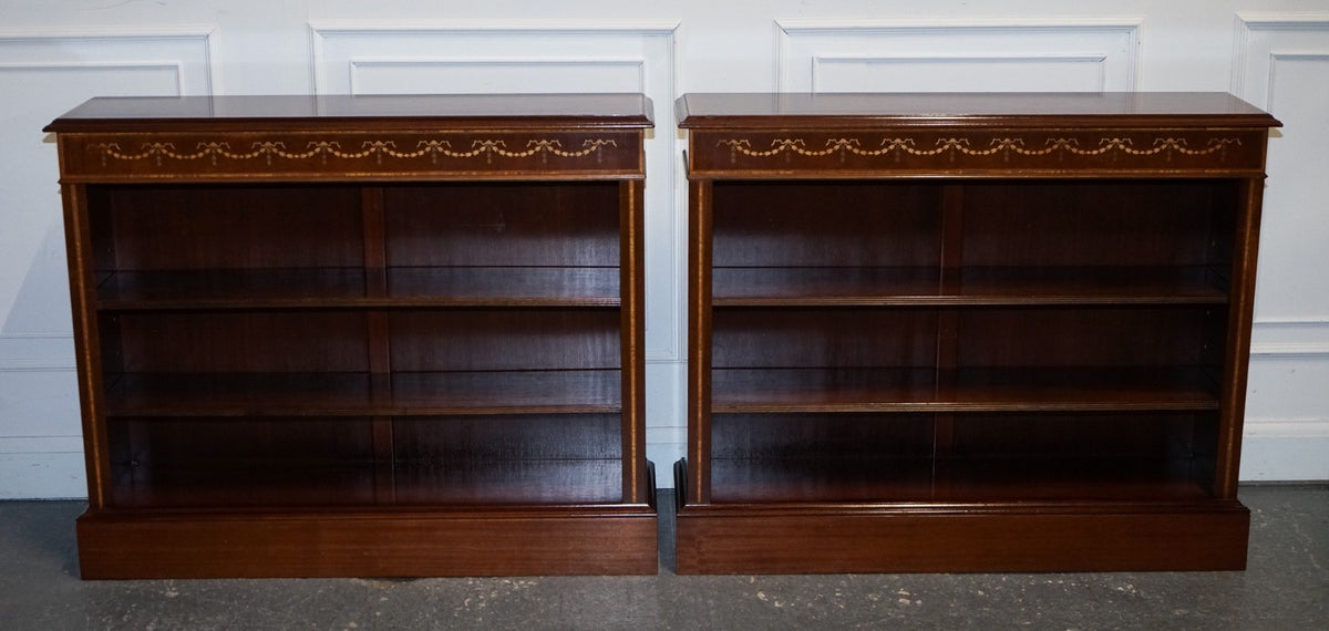 PAIR VINTAGE EDWARDIAN STYLE SHERATON DWARF OPEN BOOKCASE ADJUSTABLE SHELVES