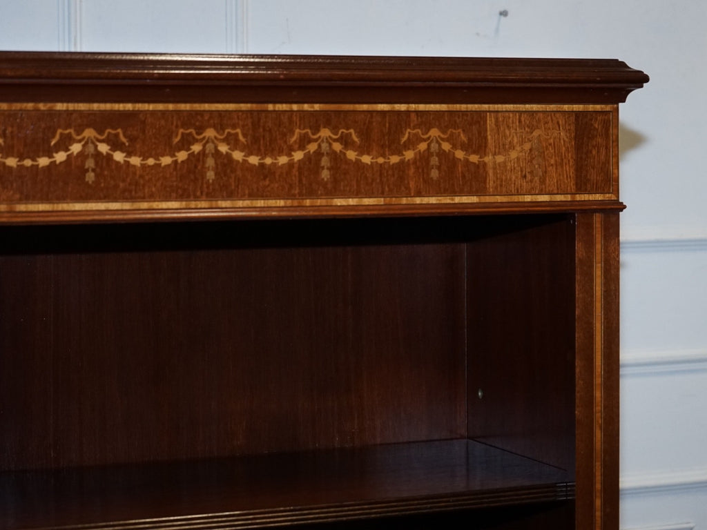 LARGE VINTAGE EDWARDIAN STYLE INLAID SHERATON OPEN BOOKCASE ADJUSTABLE SHELVES