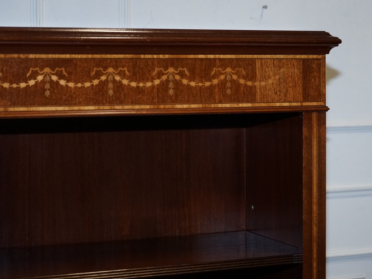LARGE VINTAGE EDWARDIAN STYLE INLAID SHERATON OPEN BOOKCASE ADJUSTABLE SHELVES