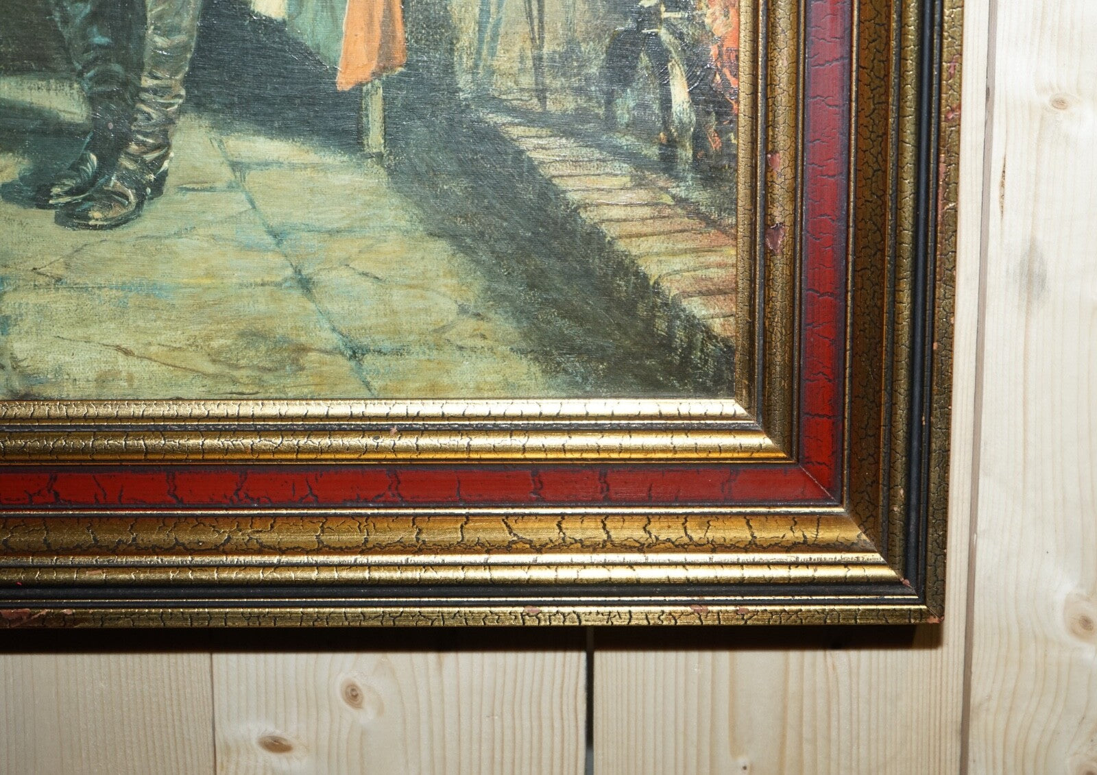 OIL PAINTING IN MANNER OF F.M.  BENNETT ''GREAT CONTENT' RED AND GOLD FRAME