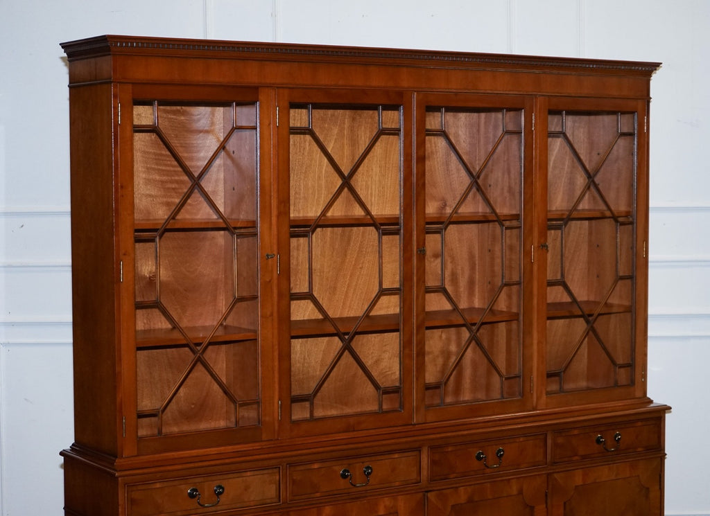 VINTAGE GEORGIAN STYLE YEW WOOD FOUR DOOR DISPLAY CABINET BOOKCASE