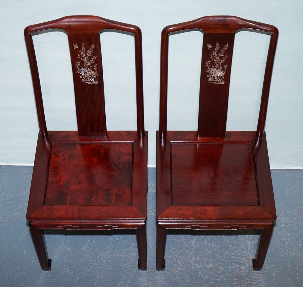 PAIR OF ORIENTAL CHINESE HARDWOOD MOTHER OF PEARL INLAID HALL CHAIRS