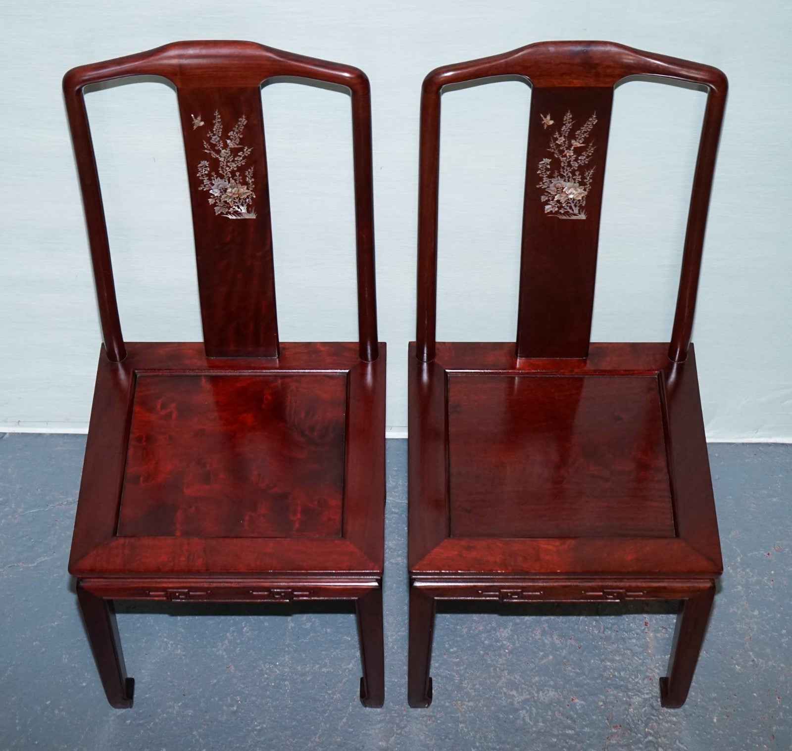 PAIR OF ORIENTAL CHINESE HARDWOOD MOTHER OF PEARL INLAID HALL CHAIRS