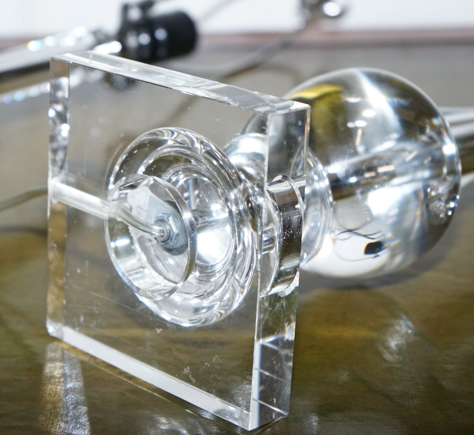 PAIR OF CLEAR GLASS TABLE LAMPS WITH BLACK SHADES