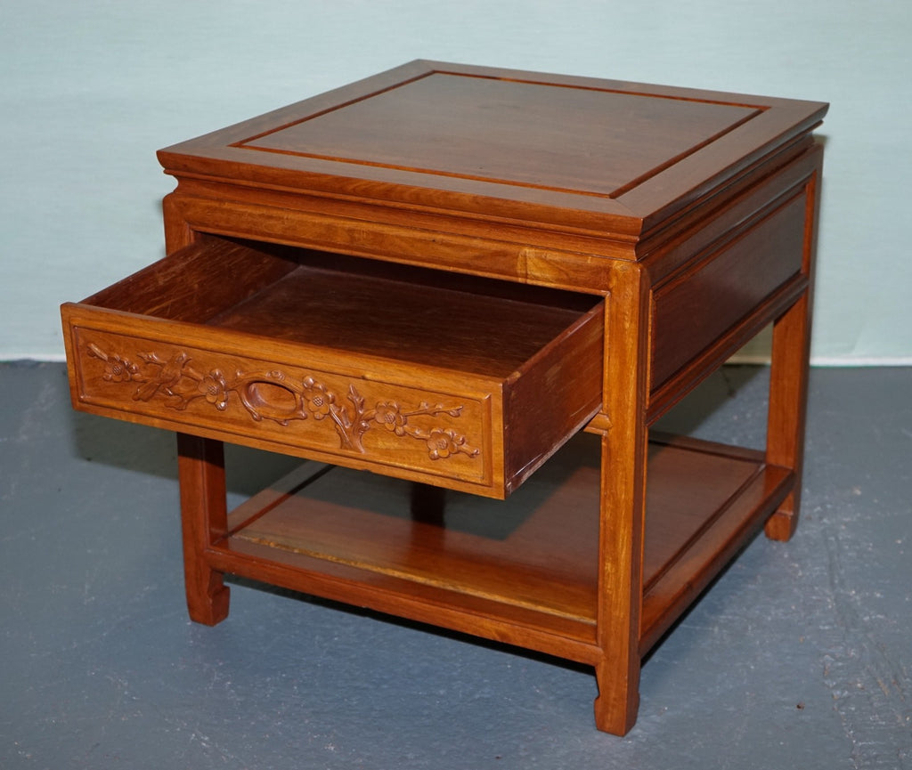 ORIENTAL CHINESE VINTAGE TEAK NIGHTSTAND BEDSIDE TABLE WITH DRAWER