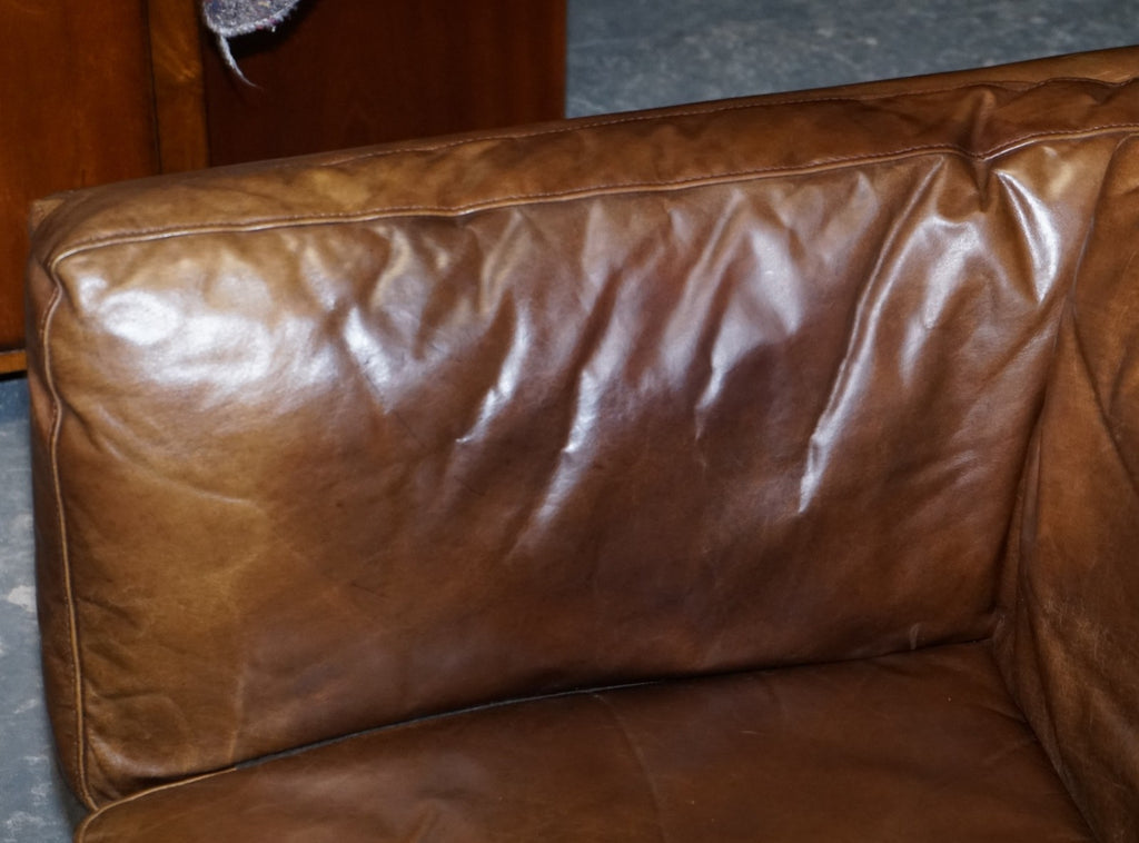 LARGE COMFORTABLE HALO GROUCHO BROWN LEATHER THREE SEATER SOFA