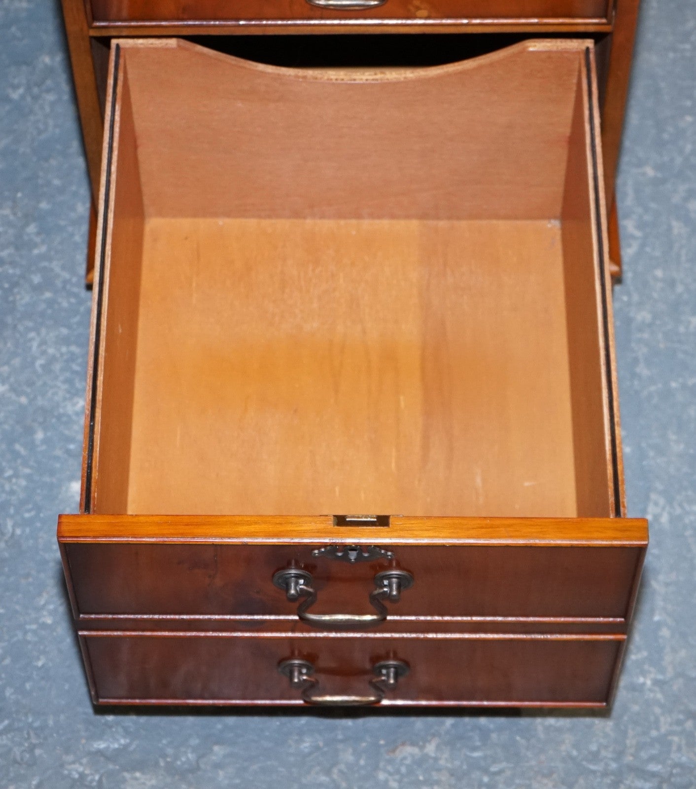 VINTAGE YEW WOOD FILLING CABINET WITH GREEN LEATHER TOP AND TWO DRAWERS