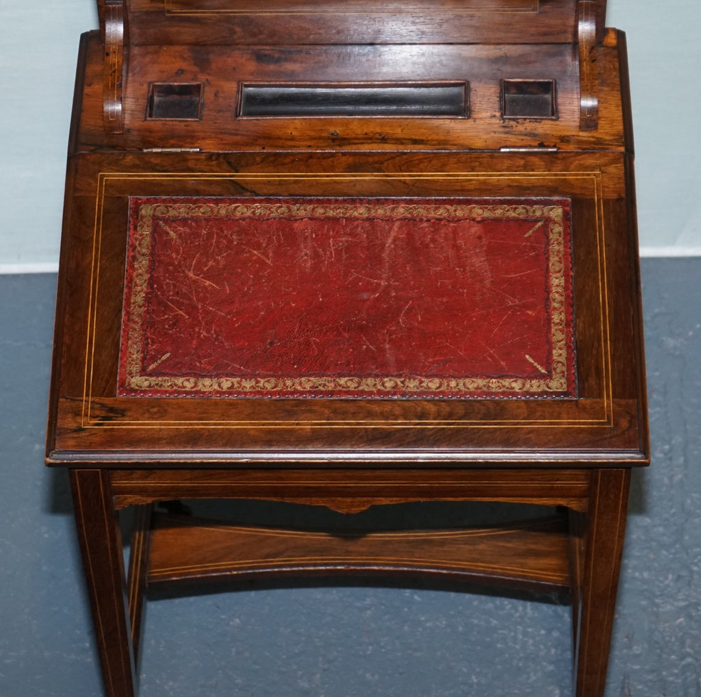VICTORIAN LADIES WRITING DAVENPORT DESK WITH INLAY & LEATHER WRITING SURFACE