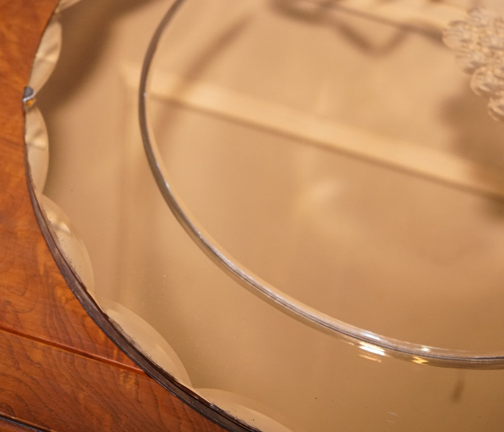 VINTAGE ART DECO PEACH GLASS BEVELED CIRCULAR WALL MIRROR