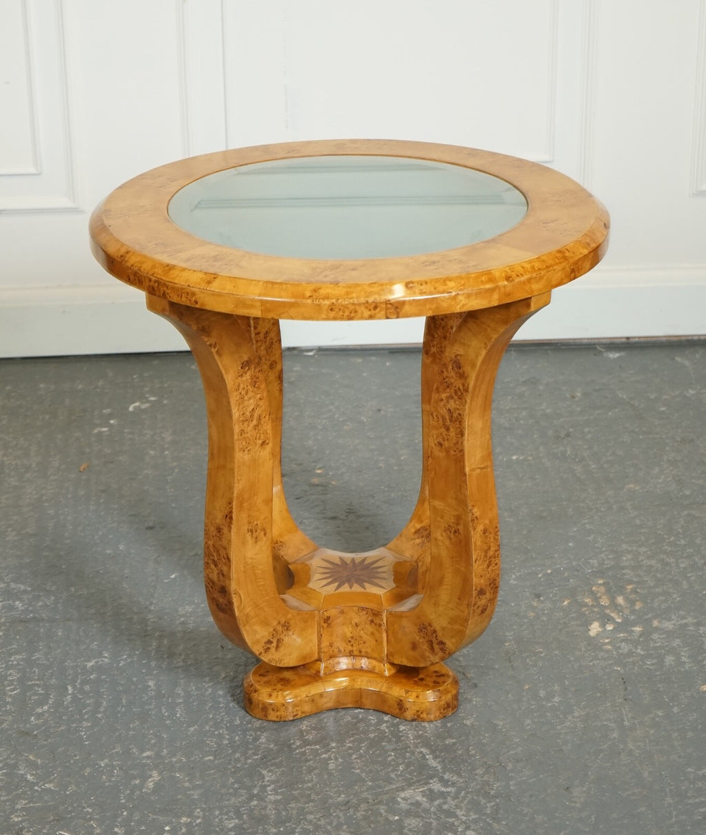 ART DECO BURR WALNUT CIRCULAIR PEDESTAL ROUND CONSOLE CENTER TABLE J1