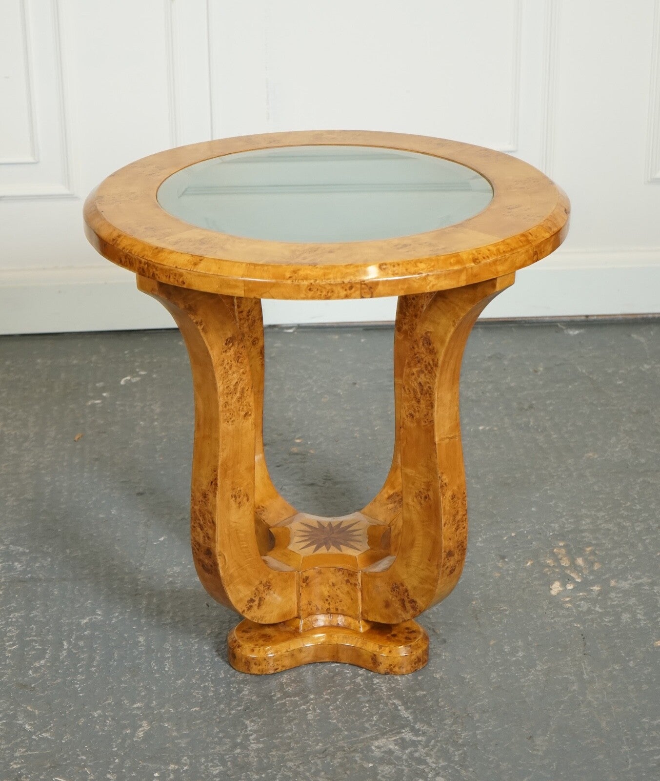 ART DECO BURR WALNUT CIRCULAIR PEDESTAL ROUND CONSOLE CENTER TABLE J1