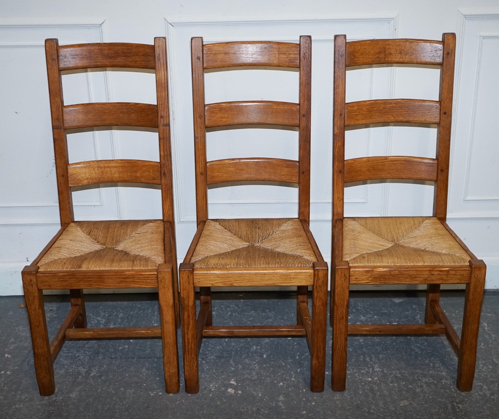 1950'S FRENCH SET OF 6 FARM COUNTRY HOUSE LADDER BACK DINING CHAIRS STRAW SEATS