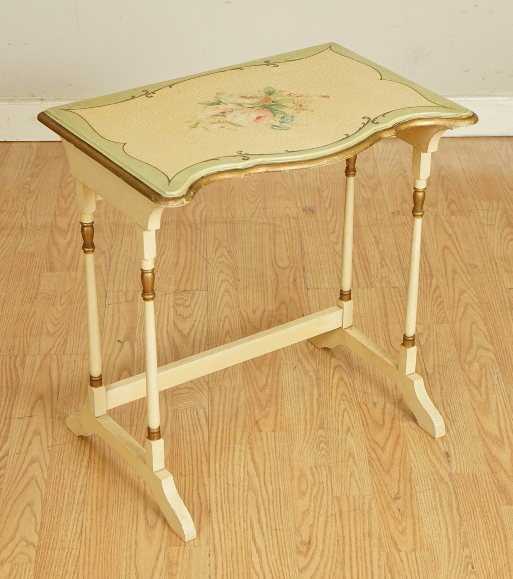 VINTAGE FRENCH HAND PAINTED FLORAL NEST OF TABLES