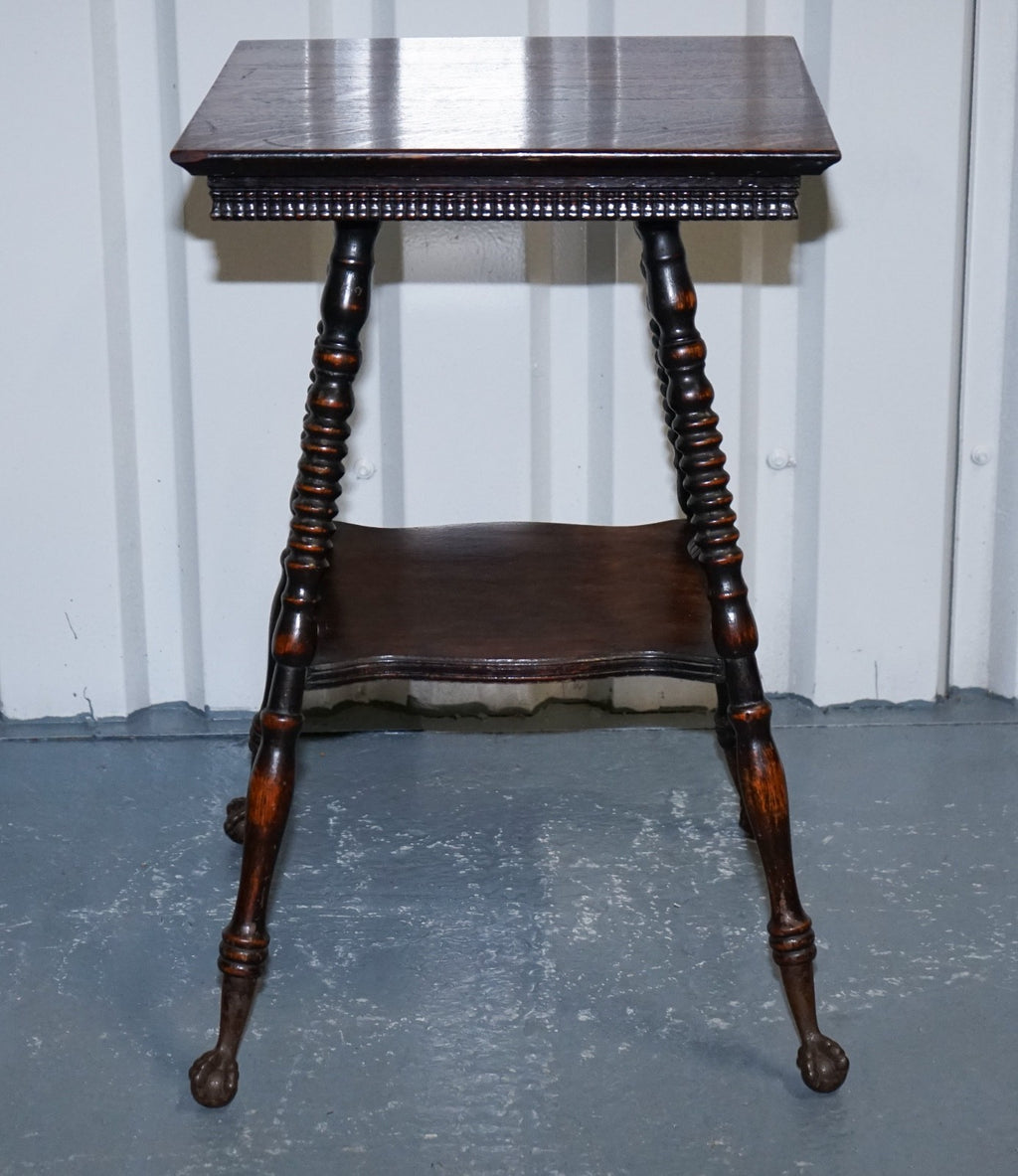 ANTIQUE VICTORIAN TIGER OAK SIDE TABLE TURNED BOBBIN LEGS WITH CAST IRON FEET