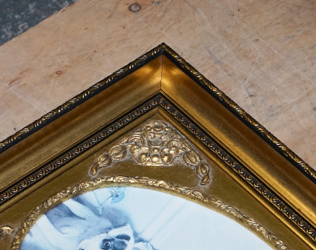 VINTAGE PRINT GILTED FRAME LITTLE GIRL AND DOG POSING 52 X 42 CM