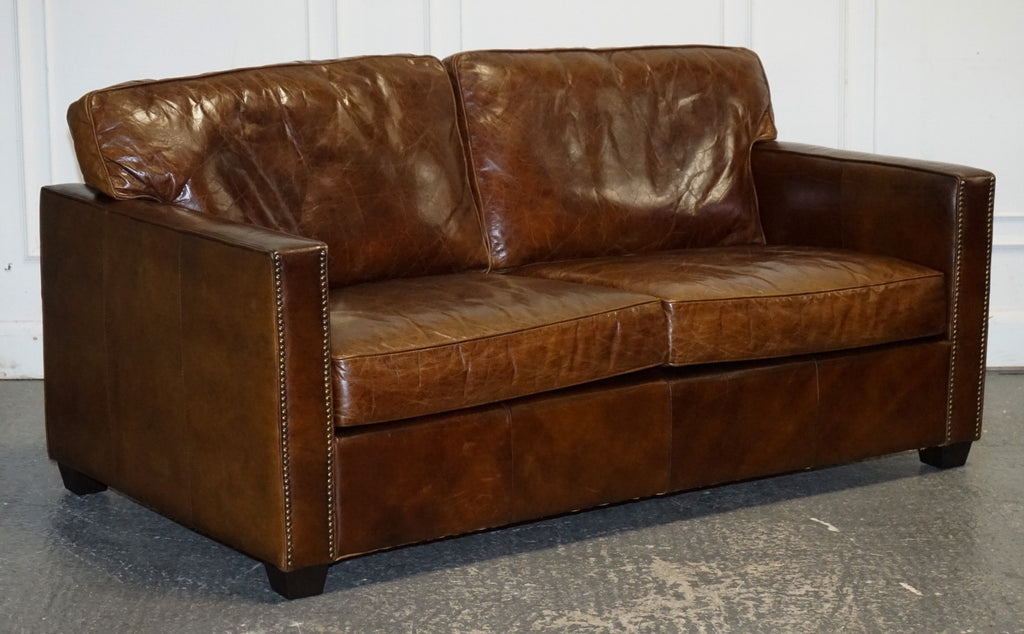 TIMOTHY OULTON VISCOUNT BROWN LEATHER TWO TO THREE SEATER COMPACT SOFA