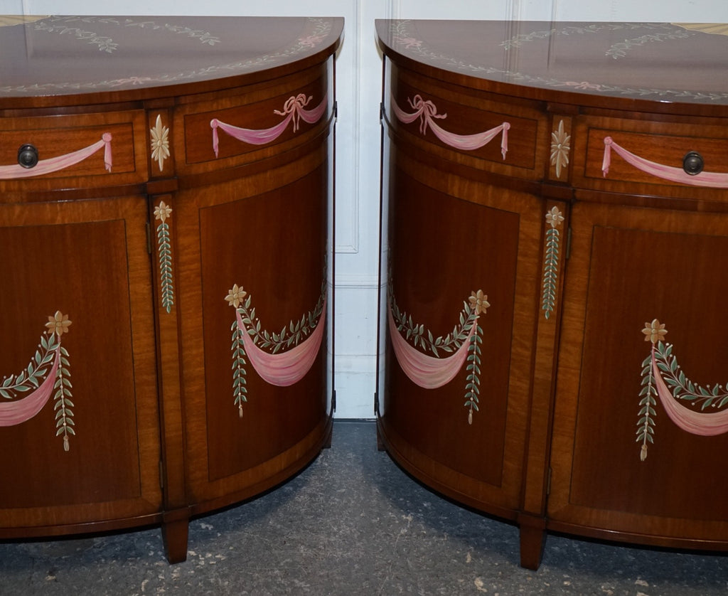 FINE SUBSTANTIAL PAIR OF HAND PAINTED DEMI LUNE SHERATON STYLE CONSOLE CABINETS