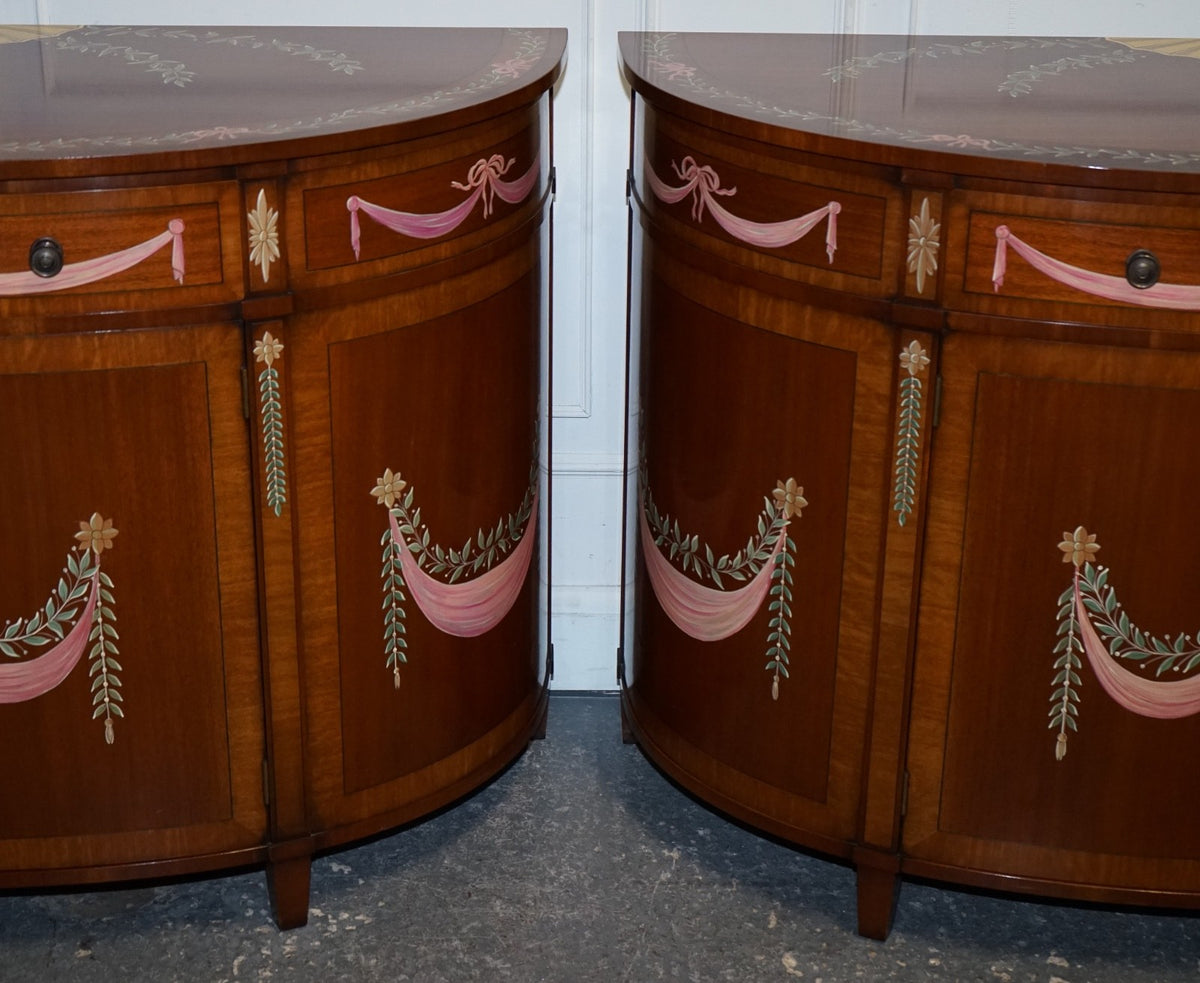 FINE SUBSTANTIAL PAIR OF HAND PAINTED DEMI LUNE SHERATON STYLE CONSOLE CABINETS