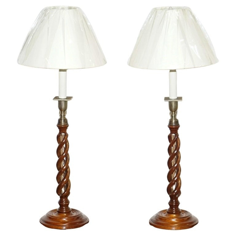 ANTIQUE PAIR OF ENGLISH OPEN BARLEY TWIST CONVERTED CANDLESTICKS TO  TABLE LAMPS