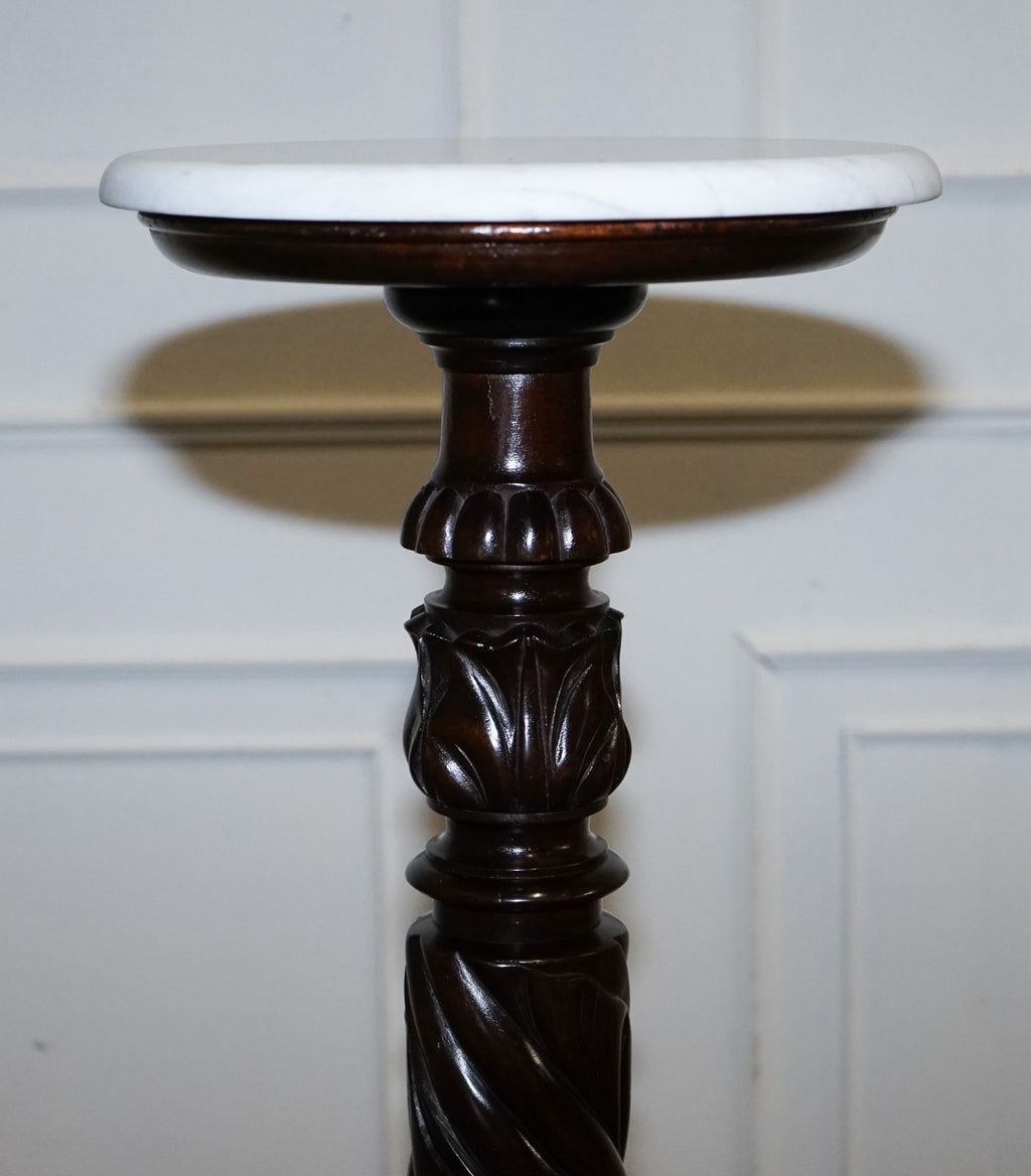 RESTORED PAIR OF EARLY VICTORIAN ENGLISH PEDESTALS WITH WHITE MARBLE TOPS 145 CM