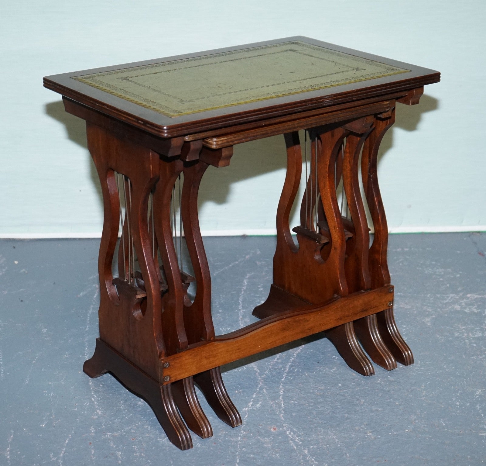 VINTAGE LYRE BASE GREEN LEATHER TOP NEST OF TABLES SIDE TABLES