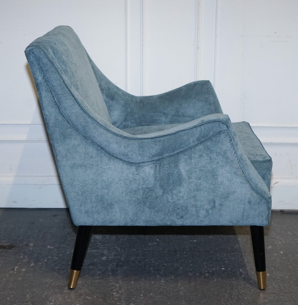ELEGANT PALE BLUE VELVER SIDE CHAIR ARMCHAIR WITH BLACK AND GOLD LEGS