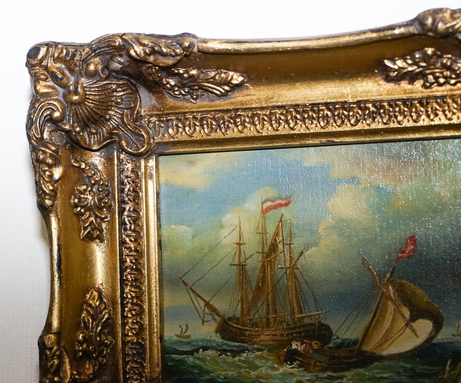 FINE ANTIQUE EARLY 20TH CENTURY OIL PAINTING OF FRENCH SHIP GILTWOOD FRAME