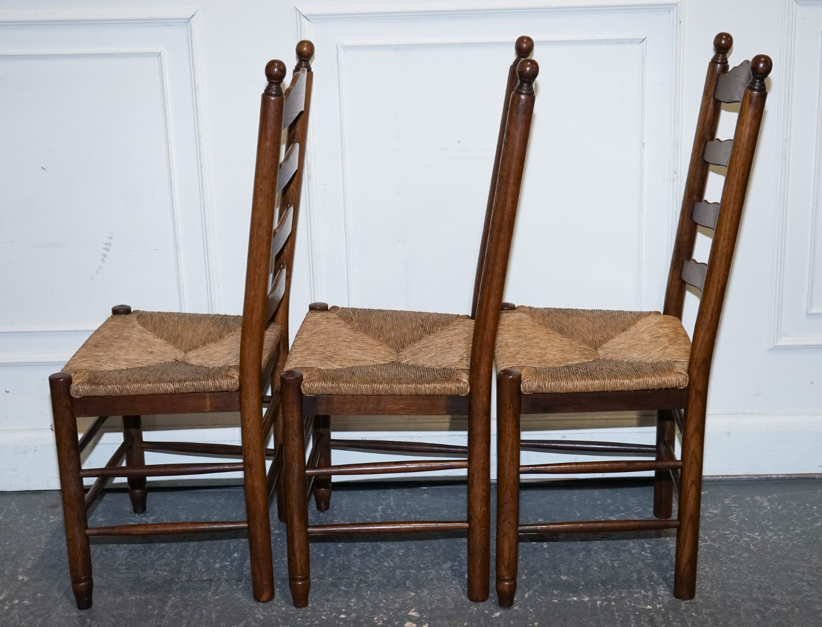 SET OF SIX ANTIQUE ENGLISH 19TH CENTURY LADDERBACK RUSH SEAT DINING CHAIRS