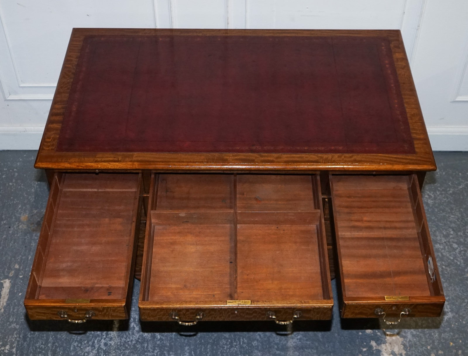 ANTIQUE RESTORED HOBBS & CO LONDON TWIN PEDESTAL DESK HAND DYED RED LEATHER TOP