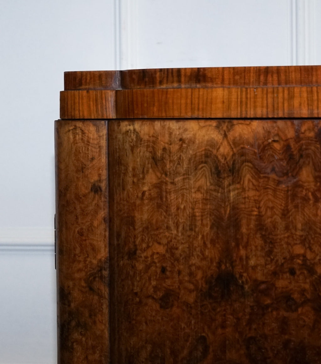 ANTIQUE CIRCA 1930'S ENGLISH BURR WALNUT ART DECO TWO DOOR WARDROBE WITH SHELVES