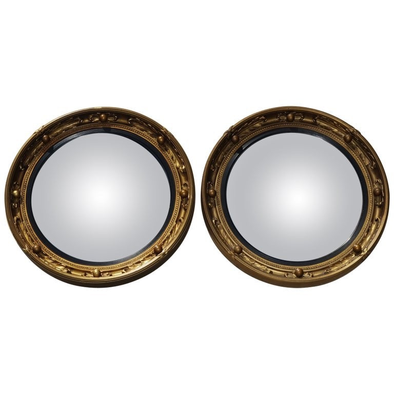 ANTIQUE PAIR OF 1930'S ATSONEA  BUTLERS CONVEX GOLD GILT WOOD WALL MIRROR