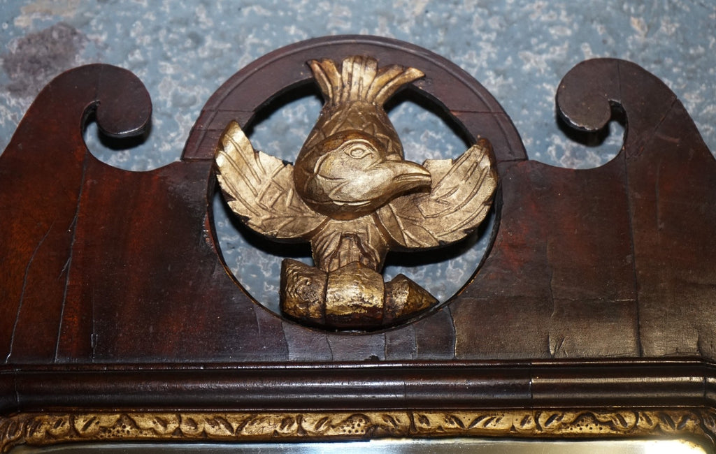 ANTIQUE 1760'S CHIPPENDALE STYLE  WALL MIRROR WITH GILTWOOD & PHOENIX
