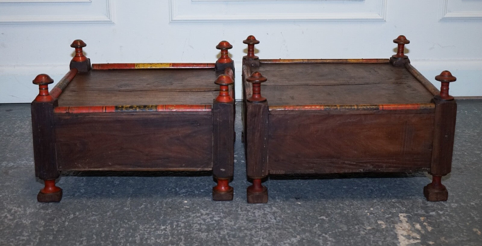 ANTIQUE PRIMITIVE ORIENTAL ASIAN SIDE TABLES HAND PAINTED VERY DECORATIVE