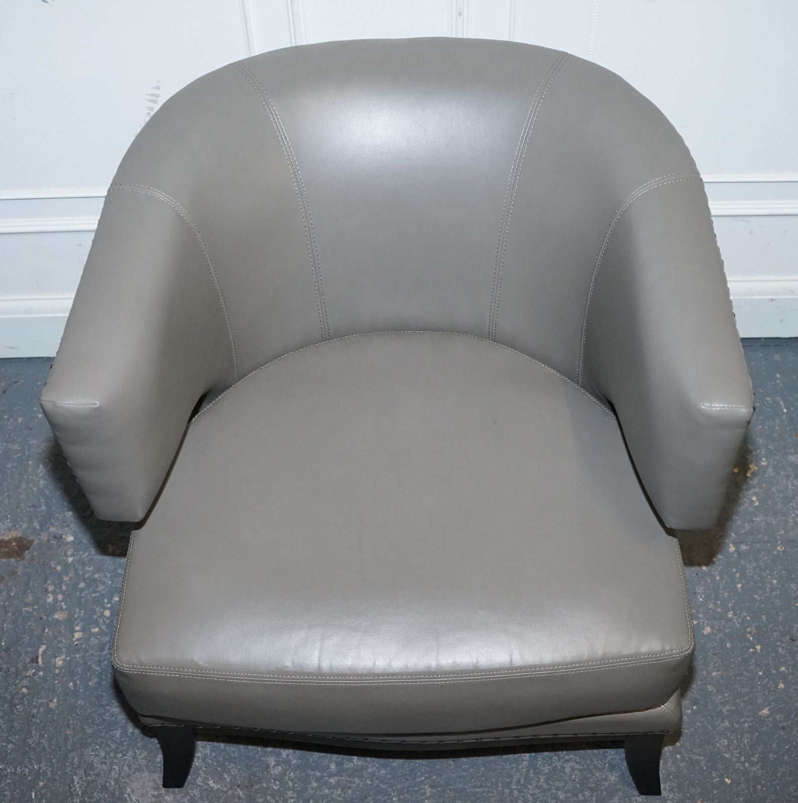 CONTEMPORARY COACH HOUSE GREY LEATHER ROUND BACK ARMCHAIRS WiTH STUDS