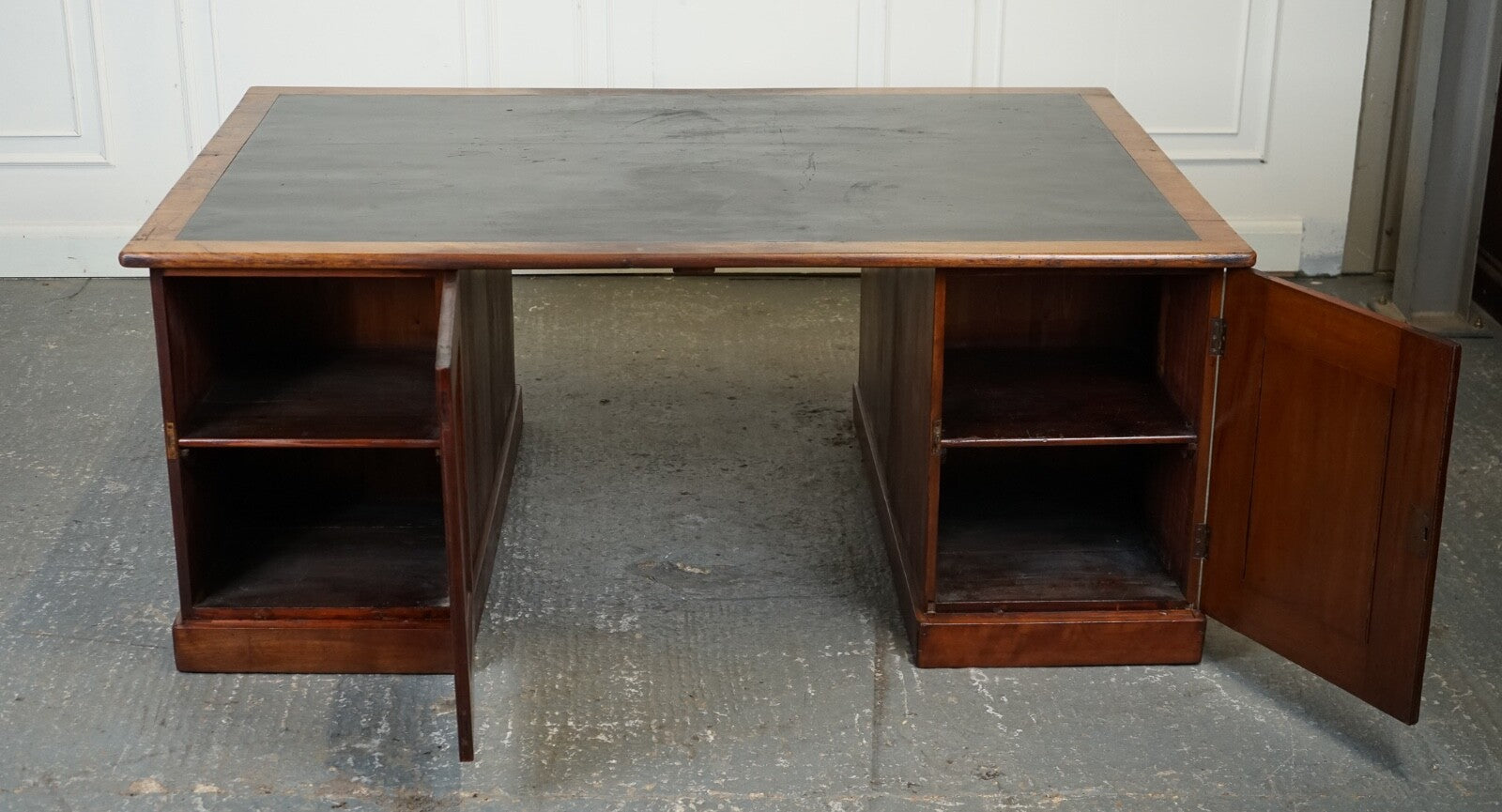 ANTIQUE HUGE DISTRESSED PARTNERS DESK WITH NAVY BLUE LEATHER TOP J1