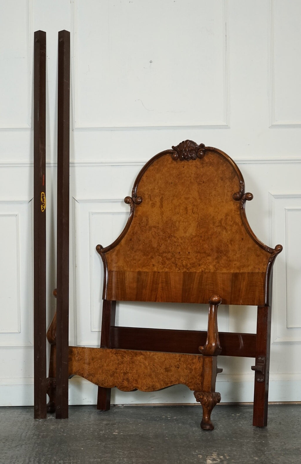 CIRCA 1930 ART DECO BURR WALNUT ENGLISH MADE VONO BEDSTEAD FRAME QUEEN ANNE LEGS
