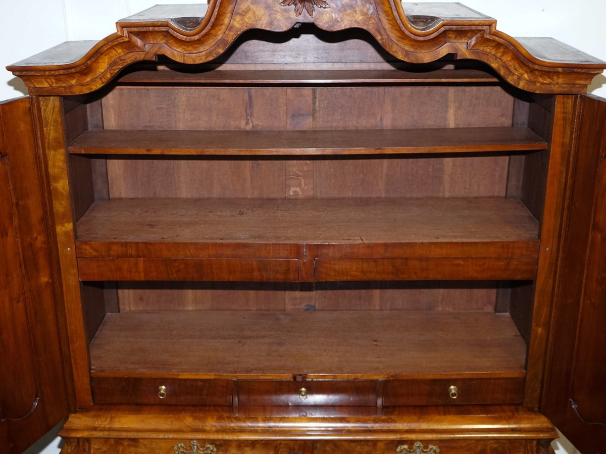 ANTIQUE CIRCA 1750 DUTCH LOUIS XV STYLE BURR WALNUT BOMBAY LINEN PRESS CABINET
