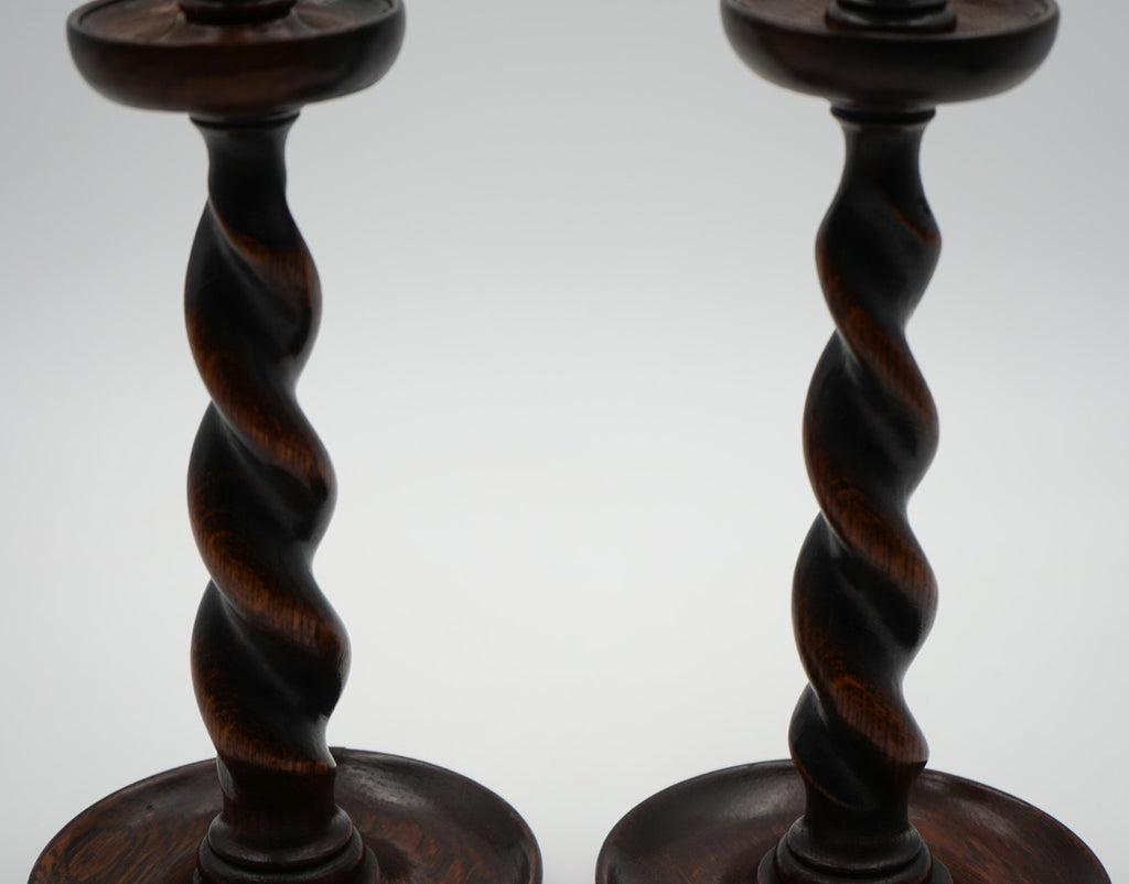 EARLY ViCTORIAN PAIR OF ENGLISH OAK BARLEY TWIST CANDLE STICKS (3)