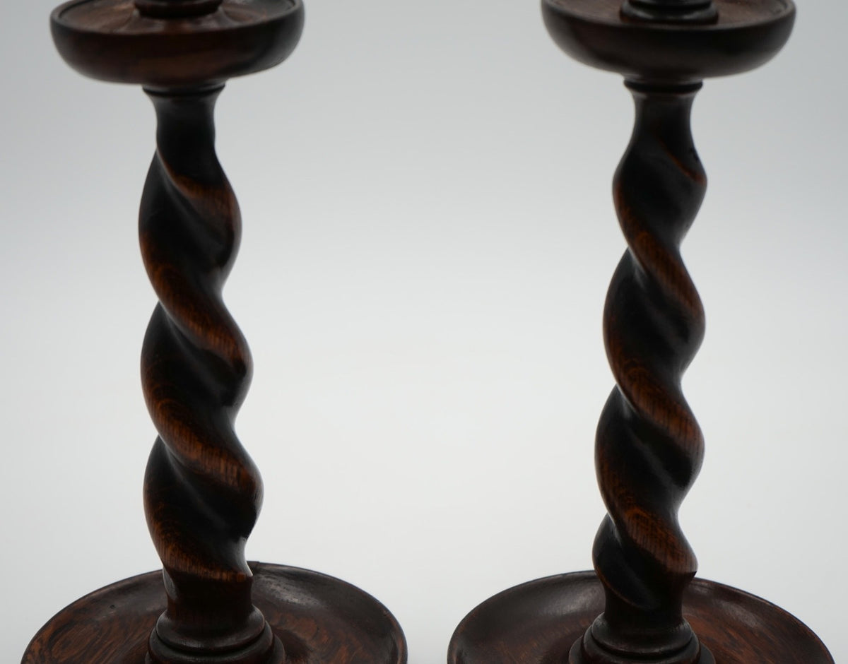 EARLY ViCTORIAN PAIR OF ENGLISH OAK BARLEY TWIST CANDLE STICKS (3)