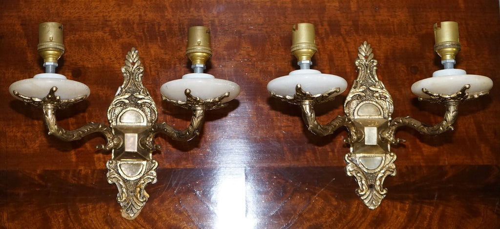 1960'S PAIR OF ALABASTER & BRASS TWIN WALL LIGHTS