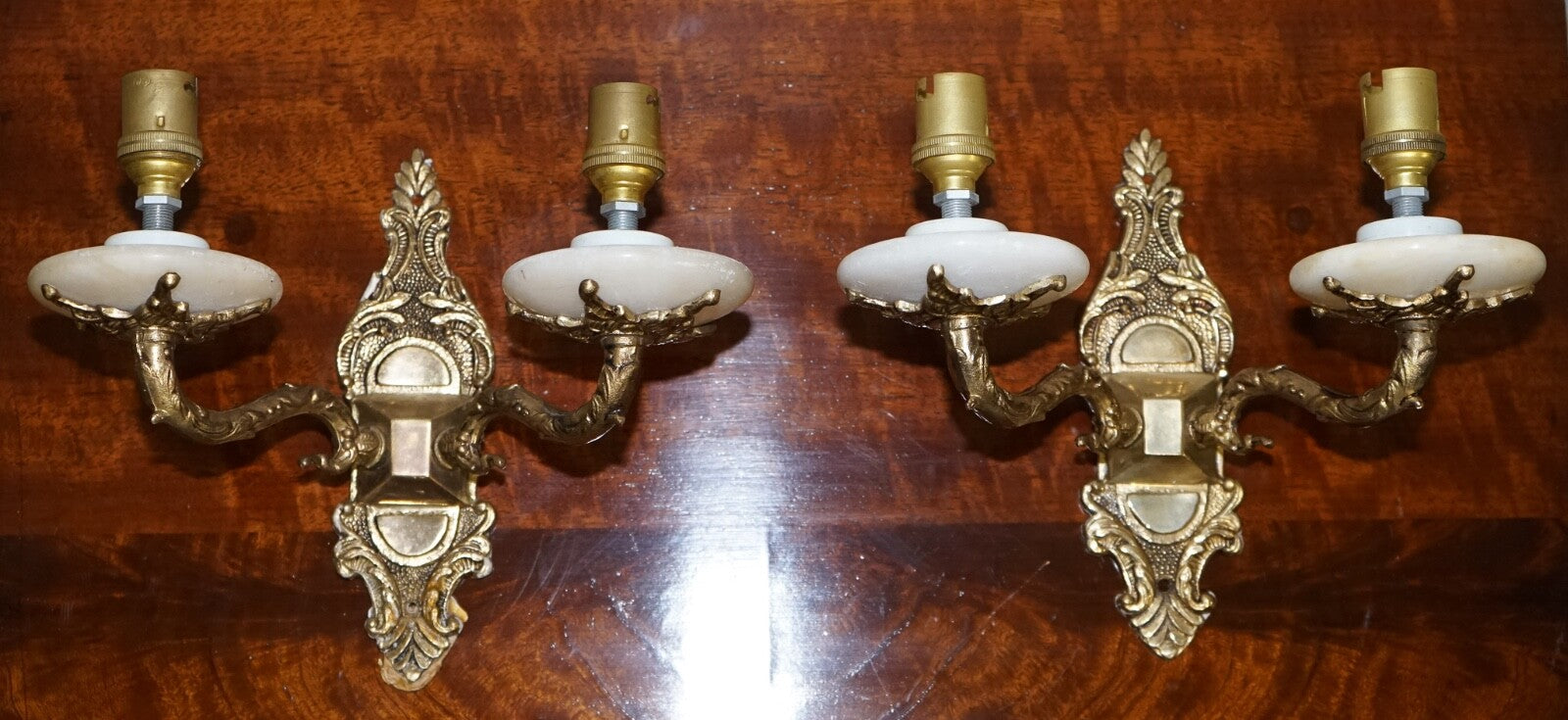 1960'S PAIR OF ALABASTER & BRASS TWIN WALL LIGHTS