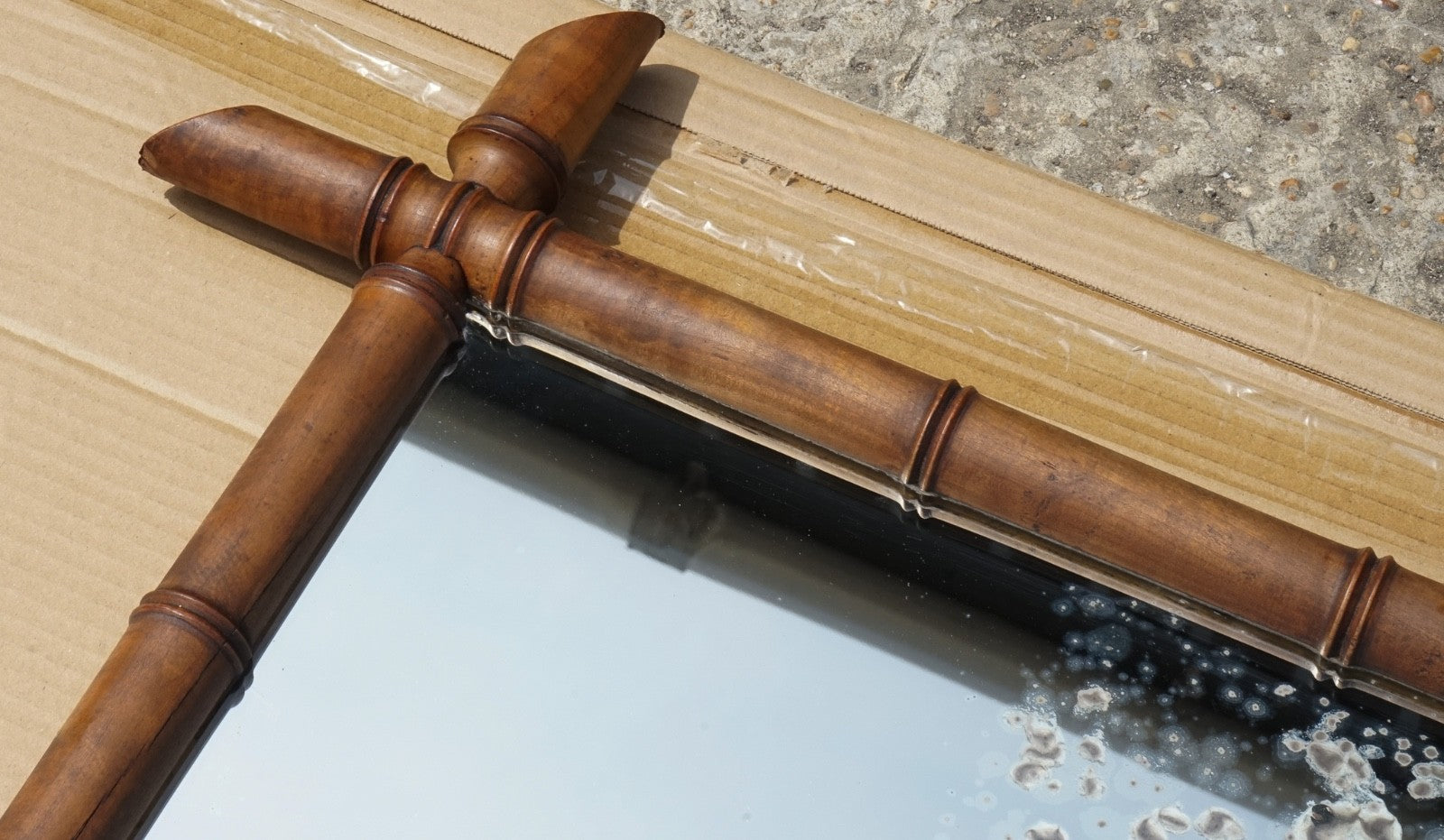 LARGE FRENCH ANTIQUE DECORATIVE FAUX BAMBOO WALL MiRROR WITH HEAVILY FOXED GLASS