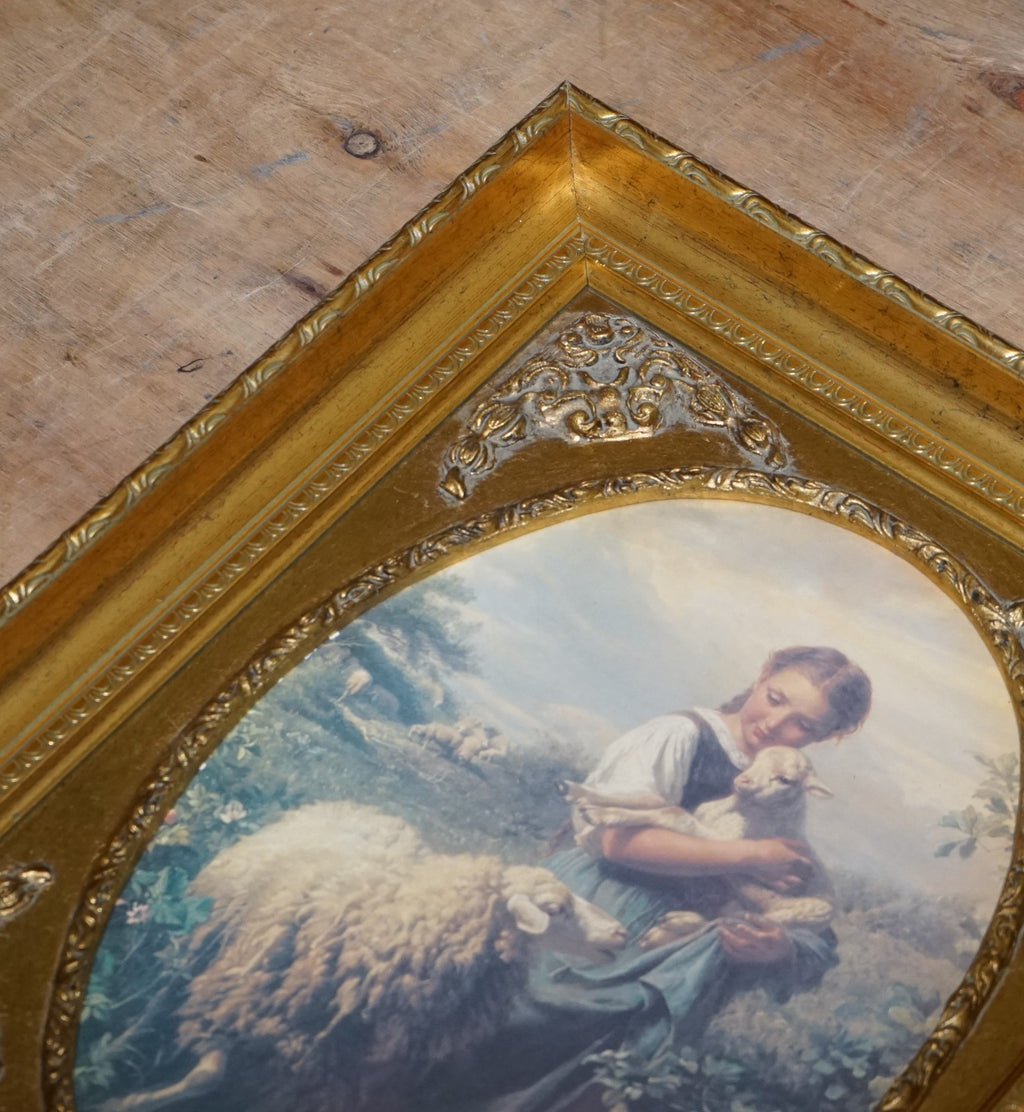 VINTAGE VICTORIAN STYLE PRINT YOUNG SHEPHERDESS GITLED FRAME 53 X 42 CM