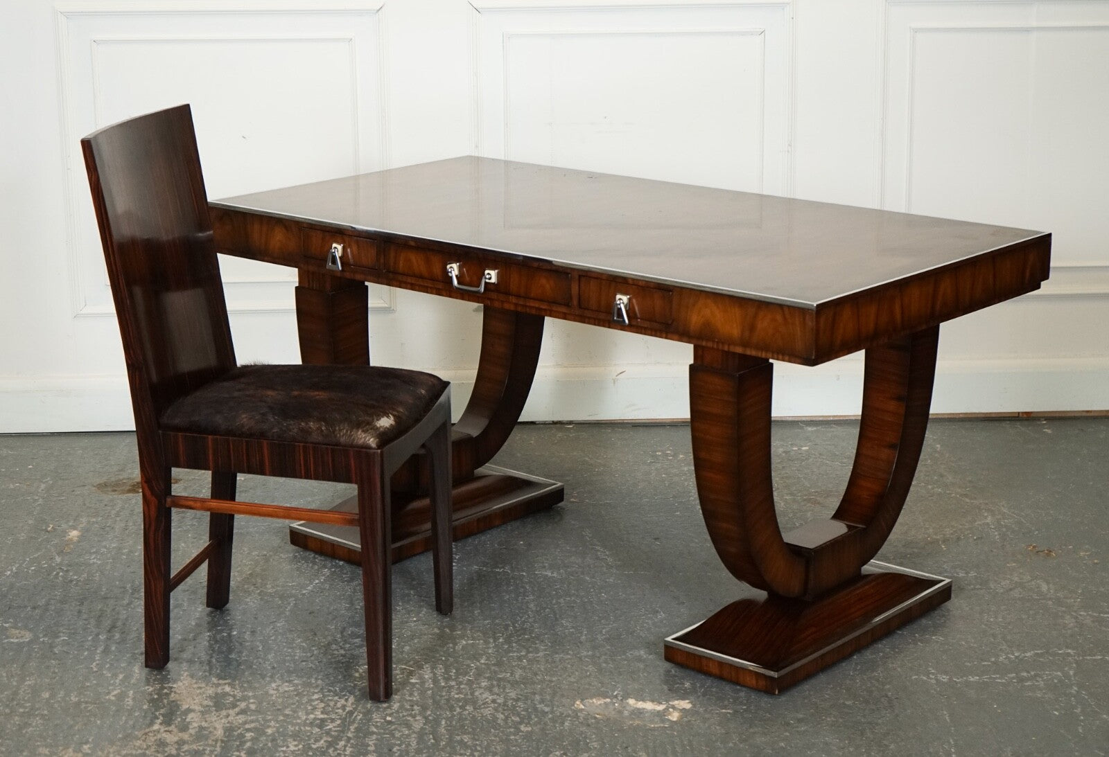 ART DECO STYLE THEODORE ALEXANDER OFFICE SIDE CHAIR WITH PONY HIDE SEAT