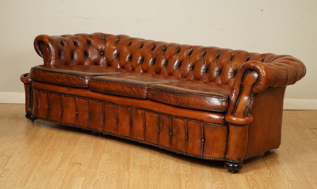 ONE OF A KIND WHISKEY BROWN HAND DYED LEATHER SERPENTINE CLUB CHESTERFIELD SOFA