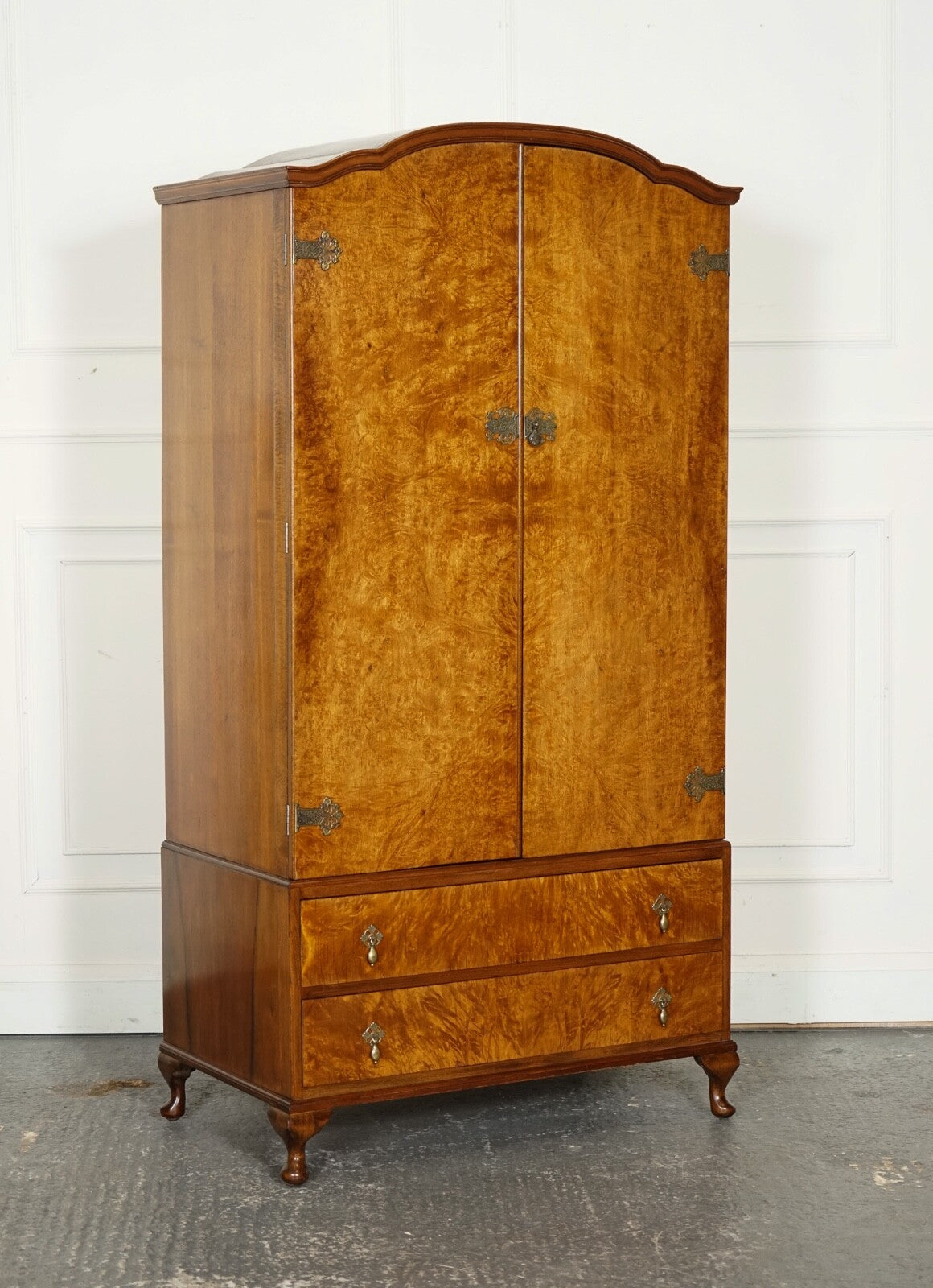 LOVELY 1920'S ART DECO BURR WALNUT WARDROBE WITH TWO DRAWERS QUEEN ANNE LEGS