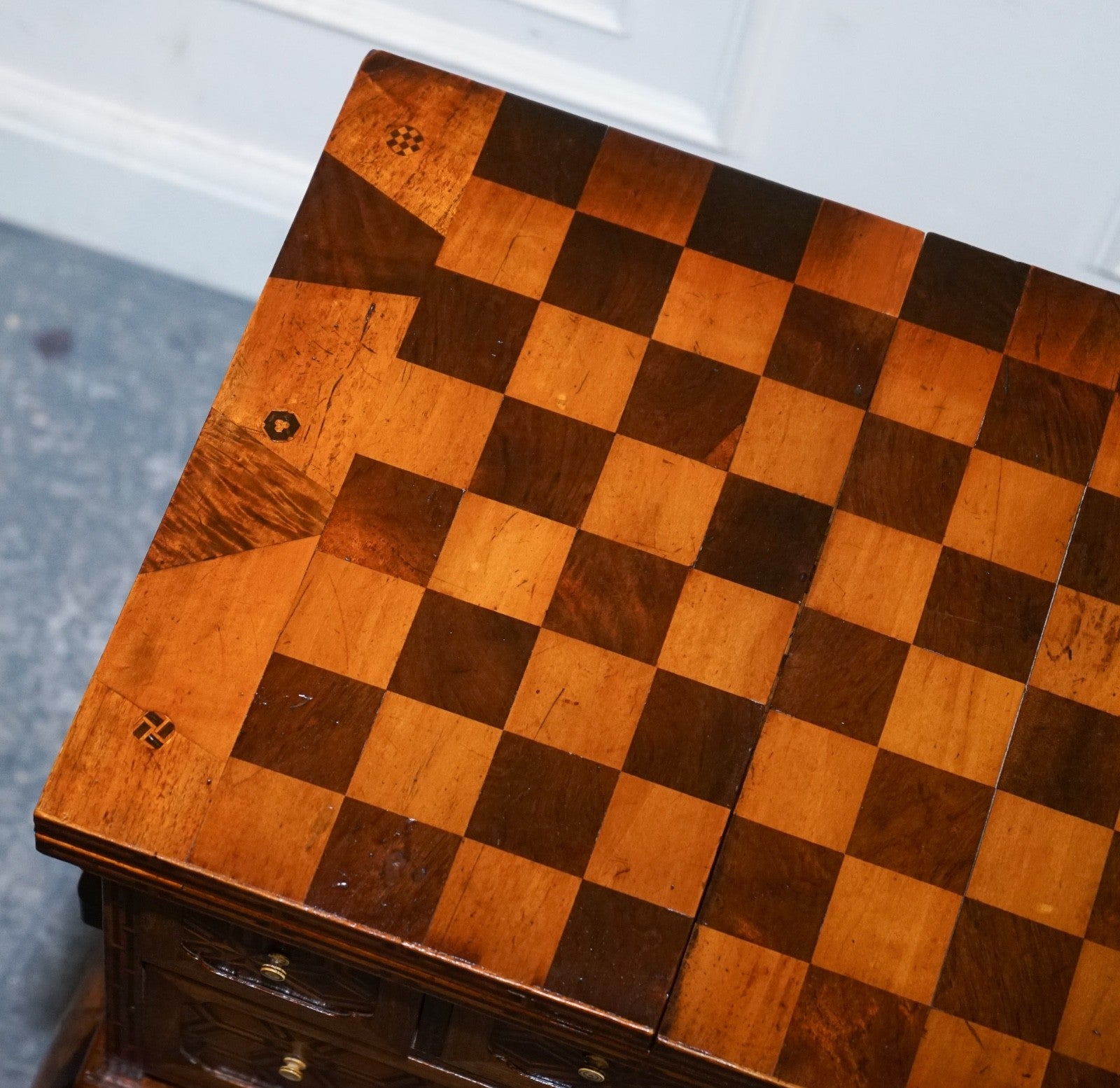 ANTIQUE CIRCA 1800S JAPANESE MARQUETRY GAMES TABLE CABINET ON STAND
