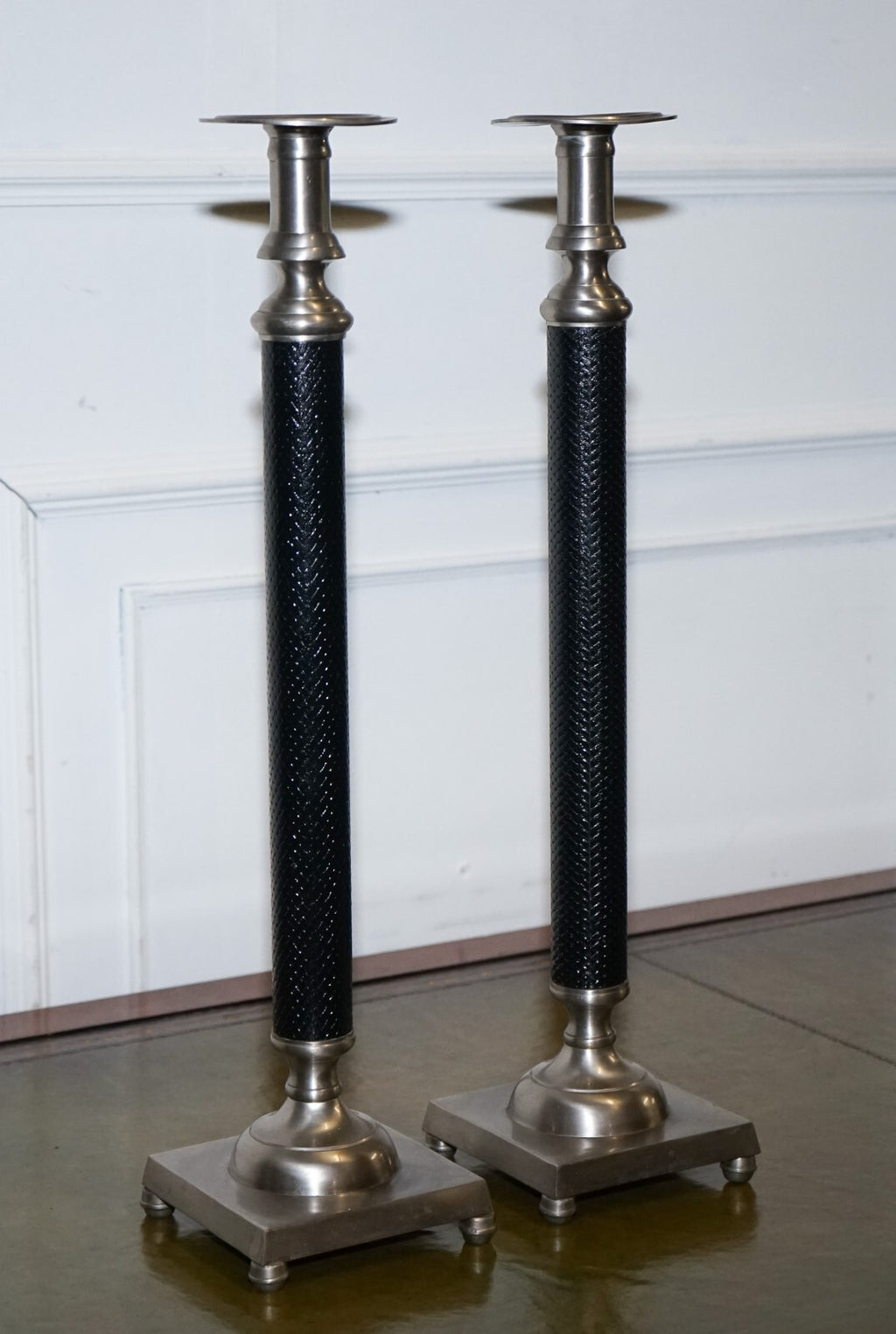 PAIR OF SILVER STAINLESS STEEL & BLACK RALPH LAUREN STYLE CANDLEHOLDERS