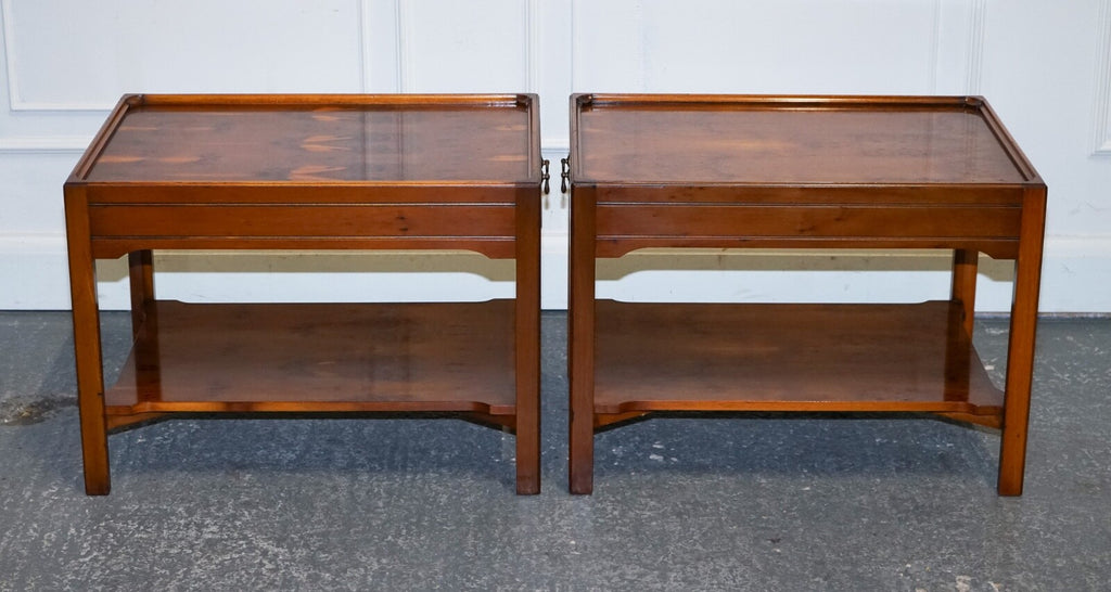 VINTAGE PAIR OF BEVAN FUNNELL YEW WOOD TWO TIERED SIDE LAMP SIDE TABLES